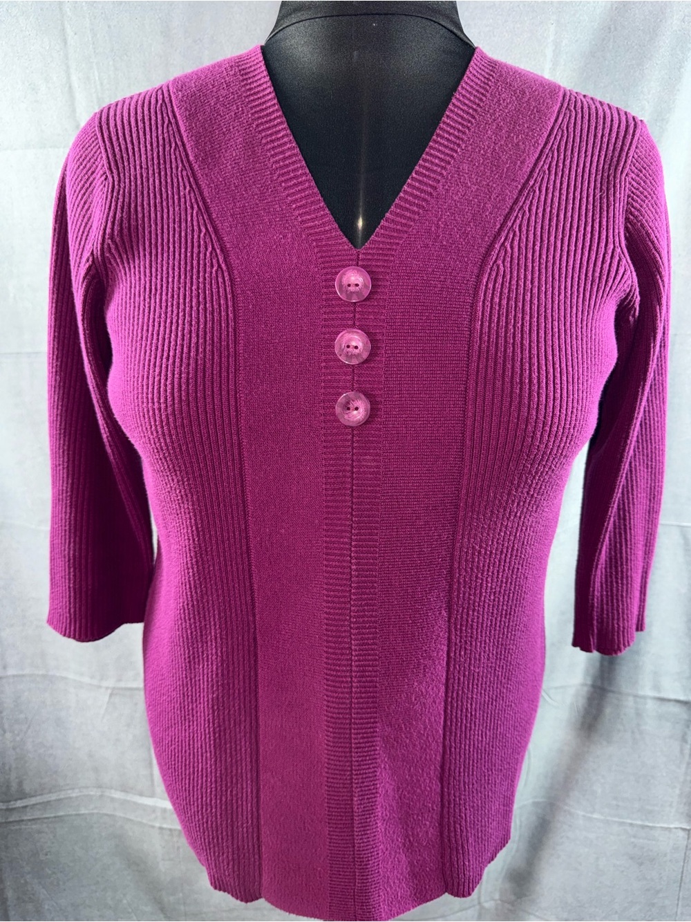 3038-dressbarn Women's V-Neck Ribbed Button Sweater - Fuchsia